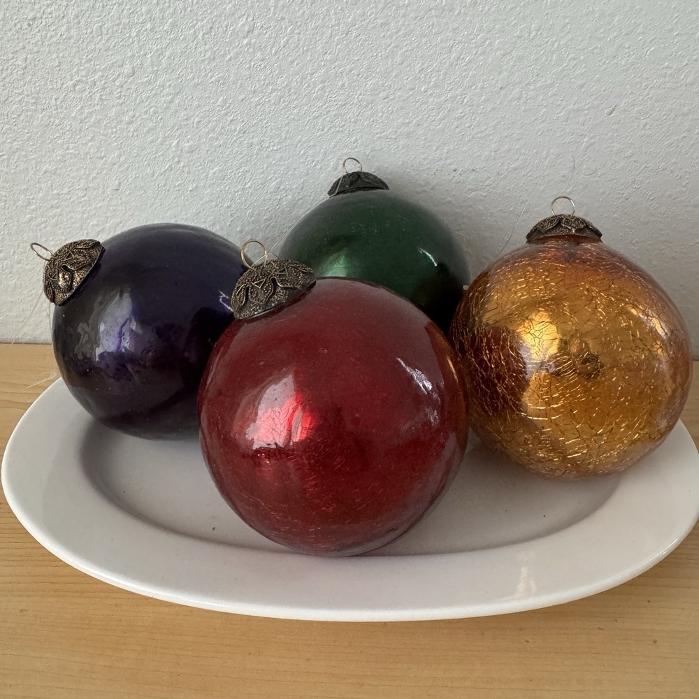 Lot of 4 Krugel Crackle Glass Style Heavy Christmas Ornaments Red Green Yellow P